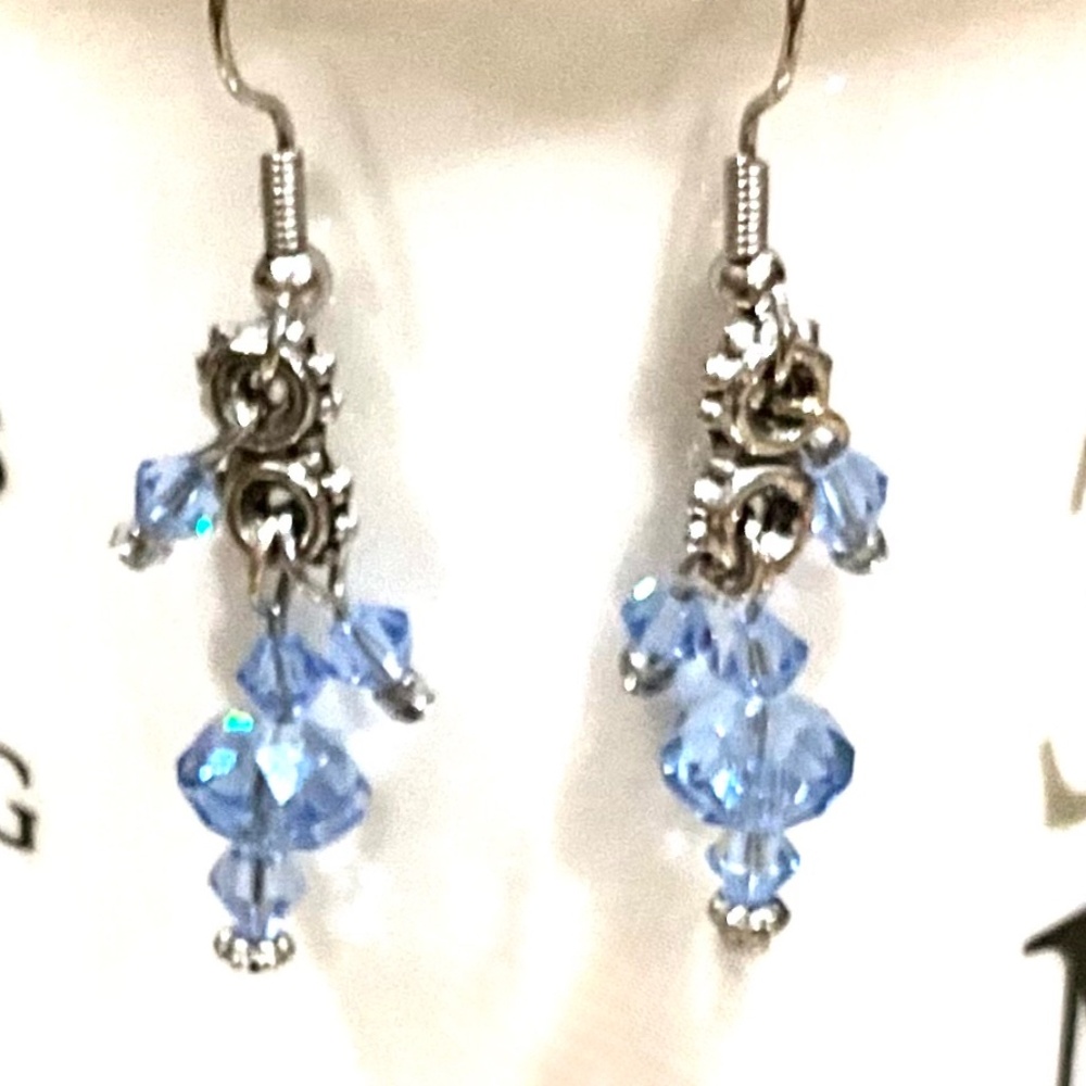 Custom Silver & Blue Swarovski Faceted Crystal Dangle Earrings NWT